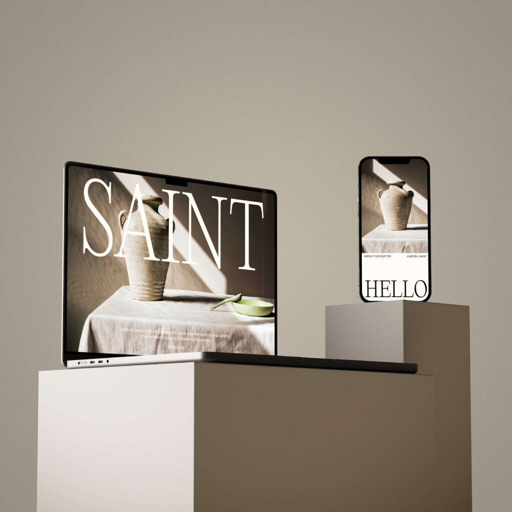 Flodesk checkout page mockup shown on a laptop and a cellphone sitting on a block