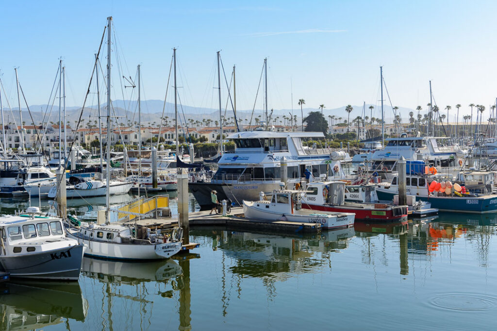 Island Packers ferry is docked at Ventura Harbor in California
